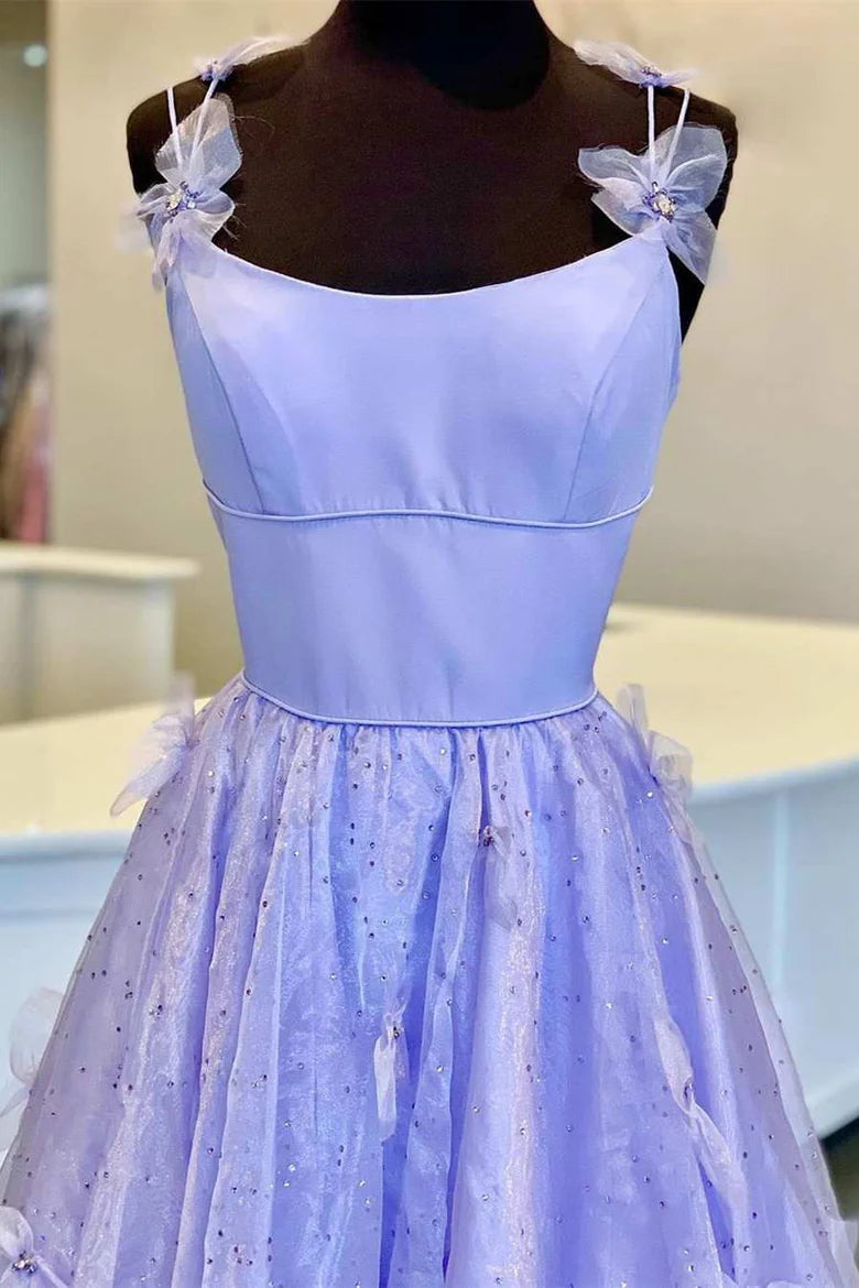Vestido de fiesta con escote redondo y encaje floral 3D de corte A